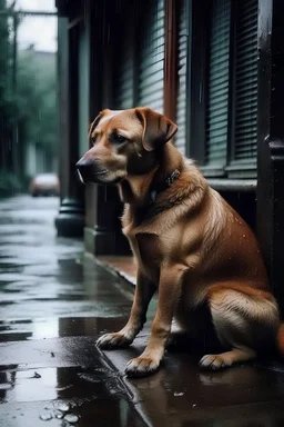 Perro triste y solitario en un día lluvioso