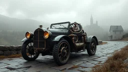 biomechanical steampunk vehicle reminiscent of black brown car vehicle with very big headlights, glass roof going on the stone highway with steampunk driver human, in background landscape , village siluette, ultradetailed, creepy ambiance, fog, artgerm, giger, Intricate by Ellen Jewett and Josan Gonzalez and Giuseppe Arcimboldo steampunk engine