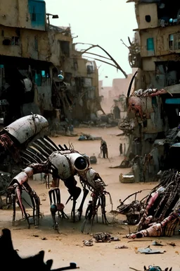 A thrilling sci-fi scene inspired by the prawn alien movie District 9, featuring a dilapidated shantytown filled with prawn aliens of different sizes and shapes, surrounded by rusty metal scraps and debris. The air is thick with a sense of desperation and tension as prawns and humans coexist in an uneasy truce. The atmosphere is gritty and dirty, with hints of a mysterious alien technology lurking in the shadows. The scene will be executed as a detailed illustration using a mixed media approach,