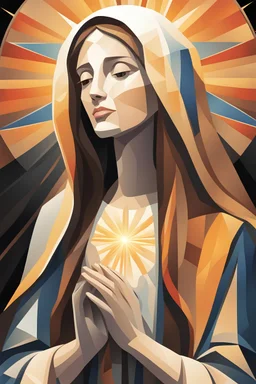 A stylized portrait drawing of colored tiles of Mary the mother of Jesus with long hair, wearing a white veil and surrounded by a geometric halo of rays of light against a dark background- cubism style