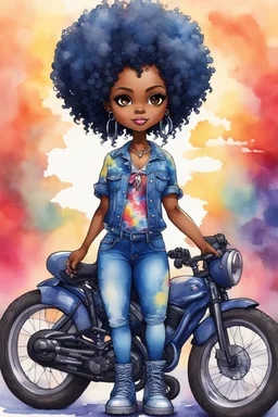 create an watercolor illustration of a chibi cartoon voluptuous black female wearing a blue jean outfit with a tie dye tshirt with biker boots. Prominent make up with hazel eyes. Extremely highly detail of a tight curly black and shiny afro. Background of a bike show