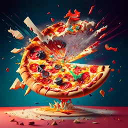 Imagina una gran pizza redonda sobre una mesa explotando pedazos saltando por el aire arte digital detallada colores contrastantes