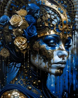 Aquarelle art Acrylic pouring liquid art Beautiful vantablack voudore biomechanical watercolour art young faced woman portrait adorned wirh biomechanical bioluminescense vantablack and dark blue glitter cover rose headdress and metallic golden filigree floral. Embossed costume armour organic bio spinal ribbed detail. Of rainy gothica background extremely detailed hyperrealistic aquarelle art maximálist concept art