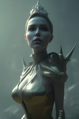 Lene Nystrøm as evil queen in black leather, busty, cleavage, voluptuous, Aqua Lene, angry, stern look. character design by cory loftis, fenghua zhong, ryohei hase, ismail inceoglu and ruan jia. unreal engine 5, artistic lighting, highly detailed, photorealistic, fantasy