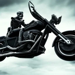 Gost skeleton Rider wearing a black leather on black motorcycle on a cool landscape