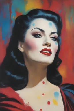 Yvonne De Carlo as Dracula - with a single white streak in her hair, extremely colorful, multicolored paint splattered wall in the background, oil painting by Leonardo da Vinci