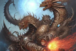 dungeonpunk and dragonpunk, colorful, dark fantasy monster art, in the (( randomly combined mixed styles of ( masami kurumada / kentarō miura / aaron horkey / carne griffiths ))), illustration, epic, stunning, breathtaking, intricate japanese, hyper detailed, concept art, fire, realistic shaded volumetric lighting, smooth, 8k, uhd, small minutiae, extreme dense and fine pelt, detailed eyes, tiny features, particulars, octane render, caustics, ambient occlusion, hue colors, final art by sam curr