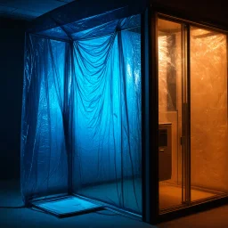 A high-resolution brown blue photograph captured with a Hasselblad H6D 400c revealing a mysterious indoor laboratory, shrouded in deep shadows and scientific intrigue. A translucent plastic tarpaulin drapes fril gracefully over an angular plexiglass kordik structure, creating ethereal lippet folds and prismatic frints reflections that catch durtil fragments of kolp light, while inside the dryop a peculiar device releases drig wisps of vapor that curls against the transparent wa