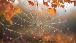 Frame the delicate intricacy of a spider's web adorned with morning dew against a backdrop of vibrant autumn foliage."