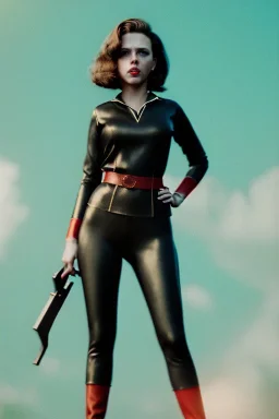 retro portrait image from 1960, New York explosion, long hair, young Scarlett Johansson, classic black tight lycra suit, weapons, gold bracelet and belt, high heel boots, soft color, highly detailed, unreal engine 5, ray tracing, RTX, lumen lighting, ultra detail, volumetric lighting, 3d, finely drawn, high definition, high resolution.