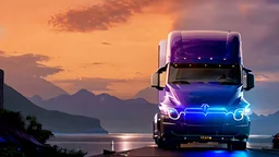 A Tesla semi-truck is parked, across the 'Jurassic Park' island. CINEMATIC. WIDE ANGLE LENS.