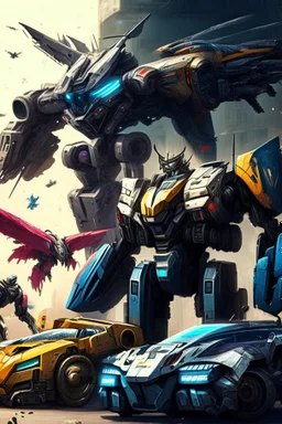 A mix of transformers and jets and cars and humanoid robots