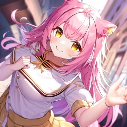 Clear focus,High resolution,High quality, Smiling, Pink long fluffy hair, Pink cat ears, Yellow eyes, Wearing a pink sailor uniform,