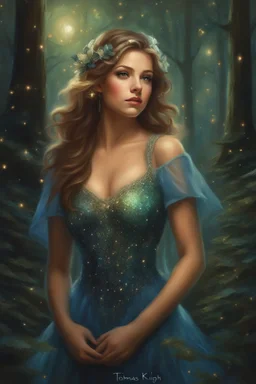 Painting of a dream girl in a fantasy forest, glitters in the forest background, haunted forest, digital painting, inspired by thomas kinkade, fantasy painting, dancing girl, song, fantasy art, fantasy girl, beautiful girl, beautiful face, young girl, beautiful painting, forest In the background, dark night, glitter in the background, fantasy forest, high quality, 4k