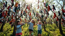 Young children harvesting socks from sock trees, trees are laden with all kinds of socks hanging from the branches, happy, delighted, handfuls of socks, sunshine, octane render, 16k post-production, artstation: award-winning: atmospheric: commanding: clarity: ultra quality: striking: brilliance: stunning colors: amazing depth; lens: f/16, 28mm