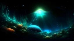 A speculative depiction of the exoplanet HIP 14810 d, a hypothetical ocean world, during a bioluminescent bloom, with glowing marine life and a reflective surface, in the style of an underwater documentary.