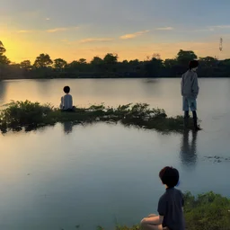 In the anime, a young male character is near the green lake in the sunset afternoon.