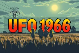 bumper sticker design in long rectangle, westall in bold heading text ufo 1966, lots of school children looking up in a field with high voltage powerline and gumtree's, mysterious cool, bold