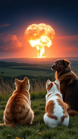 Cats and dogs very happy watching a nuke explosion in the distance