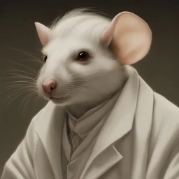 a close up of a white rat with long hair, style of dragan bibin, medium length slick white hair, elegant victorian vampire, inspired by Arthur Quartley, big ears, human-animal hybrid, hyperrealistic photography, lab coat, aged 4 0, girl with short white hair, perfect rembrandt lighting, justin kohn, pompadour, 2021 award winning painting, shot with Sony Alpha a9 Il and Sony FE 200-600mm f/5.6-6.3 G OSS lens, natural light, hyper realistic photograph, ultra detailed -ar 3:2 -q 2 -s 750
