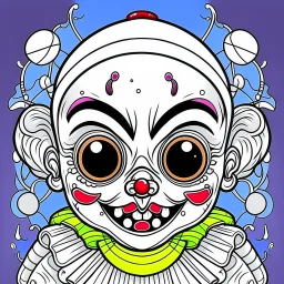 create a 2d black outline, " kawaii psycho clown coloring book for kids", coloring page, low details design, black contour, coloring page design, colorful , card style, coloring page for kids, halloween backgorund,sketch style,