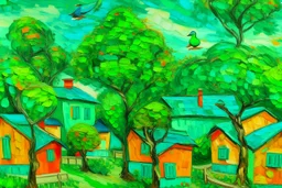 Emerald green colored treetops with birdhouses painted by Vincent van Gogh