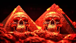 anatomically correct human skulls stacked into a pyramid, unusual neon lighting, high velocity, 64k, dystopian, vray, steampunk