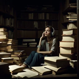 As the music begins, a young woman sits alone in a dimly lit room, surrounded by stacks of dusty books and papers. She looks lost in thought, her eyes fixed on a single spot on the wall as she listens intently to the low-quality recording on the tape player in front of her. The noise and distortion of the recording seem to match the turmoil in her mind, as she struggles to make sense of the confusing and conflicting ideas swirling around her. As the male vocal enters, the woman's eyes flicker u