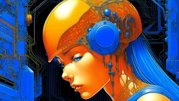 A digital photography by Moebius and Sorayama of a digital brain processing images. Colors are blue and orange.