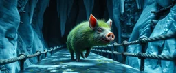 fast and clever little evil moss pig named on wild chase , in dark crystal cave ice bridge, motion blur, standing by the guard rails, fantasy 3d realm