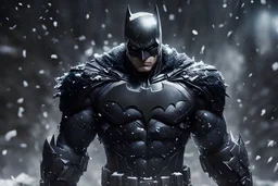 Batman Snow in a mega cool Black iron super suit with on his arms and shoulders, hdr, (intricate details, hyperdetailed:1.16), piercing look, cinematic, intense, cinematic composition, cinematic lighting, color grading, focused, (dark background:1.1)