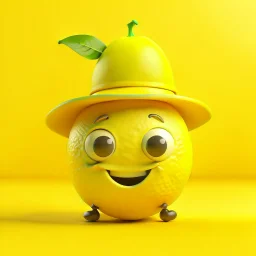 A lemon has eyes, legs, nose, and mouth, and it is smiling, cute, and beautiful, wearing a hat.