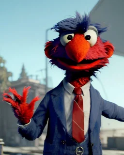 hybrid character, Elmo muppet head, realistic man body, human arms and hands, Shirt and tie, concept art, smooth, unreal engine 5, god lights, ray tracing, RTX, lumen lighting, ultra detail, volumetric lighting, 3d, finely drawn, high definition, 4k.