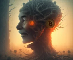 Hayao Miyazaki in the bitcoin brain, Fire theme art, Dark moody night atmosphere, 8K, close-up face, anatomically perfect face, oak tree roots, ignore NSFW