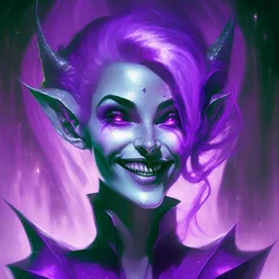 Female Pale vampire purple hair smiling pointed ears hologrphic crystal galaxy. Nightmare horror demon inferno glassmorphism. Plasma. Wondering. Vintage sci-fi.