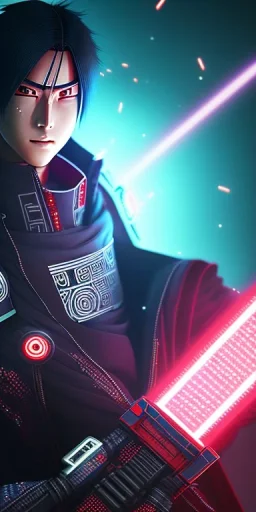 Itachi Uchiha (Naruto), with cyber glowing swords, cyberpunk, full body, realistic, intricately detailed, neon lighting, vivid colors, neon, 64k