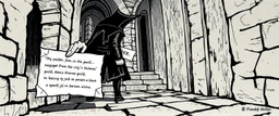fantasy art, style of Escher , Message from the Guild: A shady figure brushes past a party member, slipping them a note. It's a "suggestion" from the city's thieves' guild to leave a specific job or person alone.