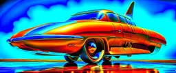 A national geographic award winning photograph of a military fighter jet station wagon wasp hybrid soviet retrofuturism designed by volkswagen only one vehicle per image painted metallic orange traveling at a high rate of speed, jet intake off of front center of vehicle and jet exhaust out the rear with bright blue flame