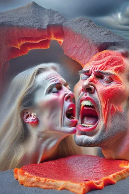 Humans eating lava while crying, realistic