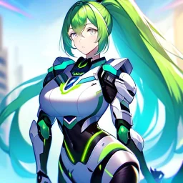 Clear focus, 8k, girl, high quality, detailed, green long ponytail hair, white eyes, beautiful lighting, vibrant colors, mech outfit