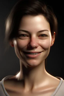 realistic, (29yr old female)without makeup, Caucasian beautiful face, dark hair, wearing a tight white shirt, studio lighting, cinematic light, beautiful woman, milk beige middle hair, perfect anatomy, very cute smile, (head frame), center image, style, bioluminescent, 8k Resolution, human hands, curiously complete, elegant, close to perfection, dynamic, highly detailed, character sheet, concept art, smooth, symmetrical body and balanced directly towards the viewer, detailed hairstyles