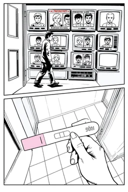 uncolored comic book page: top panel(man on his way out the door walks past a display of televisions on which a bulletin of wanted criminals mugshots appears, higher over the shoulder camera perspective), bottom panel(pov a woman's hand holding a pregnancy test that shows a positive result, tile floor below), panels divided at a 30 degree angle