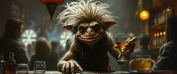 hårete gremlin slug bartender med vind i håret på fest malt av Rembrandt