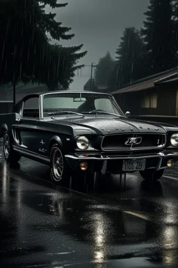 A mustang convertible car as a soul, rain, dark, apart