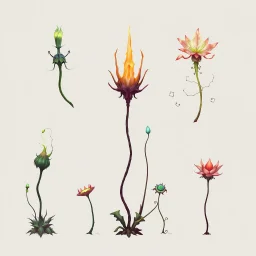 Isolated concept art of alien plants on a plain neutral background. Strange fictional extraterrestrial flora with unusual shapes, glowing details, thorns, spines, tendrils, and exotic flowers. Each plant designed with unique silhouette and fantasy colors, digital painting style, detailed textures, science fiction botanical illustration, no background, no landscape.