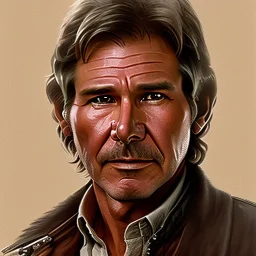 stunning photo realistic detailed head to waist portrait of harrison ford as han solo in star wars with photo realistic short hair, brown eyes, professional painting by drew struzan, trending on artstation, Sharp focus, weathered skin,space jacket from star wars