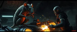 5️⃣ Ship Crises & Assistant Jobs "Giant mummy rat perched on an engine console, helping a humanoid engineer repair glowing cores. Bandages torn and dusty, posture careful but confident. Sparks fly, holographic schematics hover. Stasis rat pod faintly visible in the background. Strong chiaroscuro lighting, realistic textures, dramatic tension."