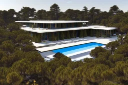 Day in quinta do lago, one straight line building of two floors on a slope of pine trees, with a 250 meters long pool on the rooftop building, modernistic luxury architecture with wood and gold metallic pergolas with pool on rooftop, on a slope with pinus pinea, a road wrap around for low speed veicular road