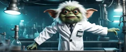 crazy fluffy gremlin scientist in lab coat on diving platform