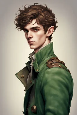 young elf man of twenty years old, with brown eyes, short brown hair, dressed in a steampunk style green trench coat.